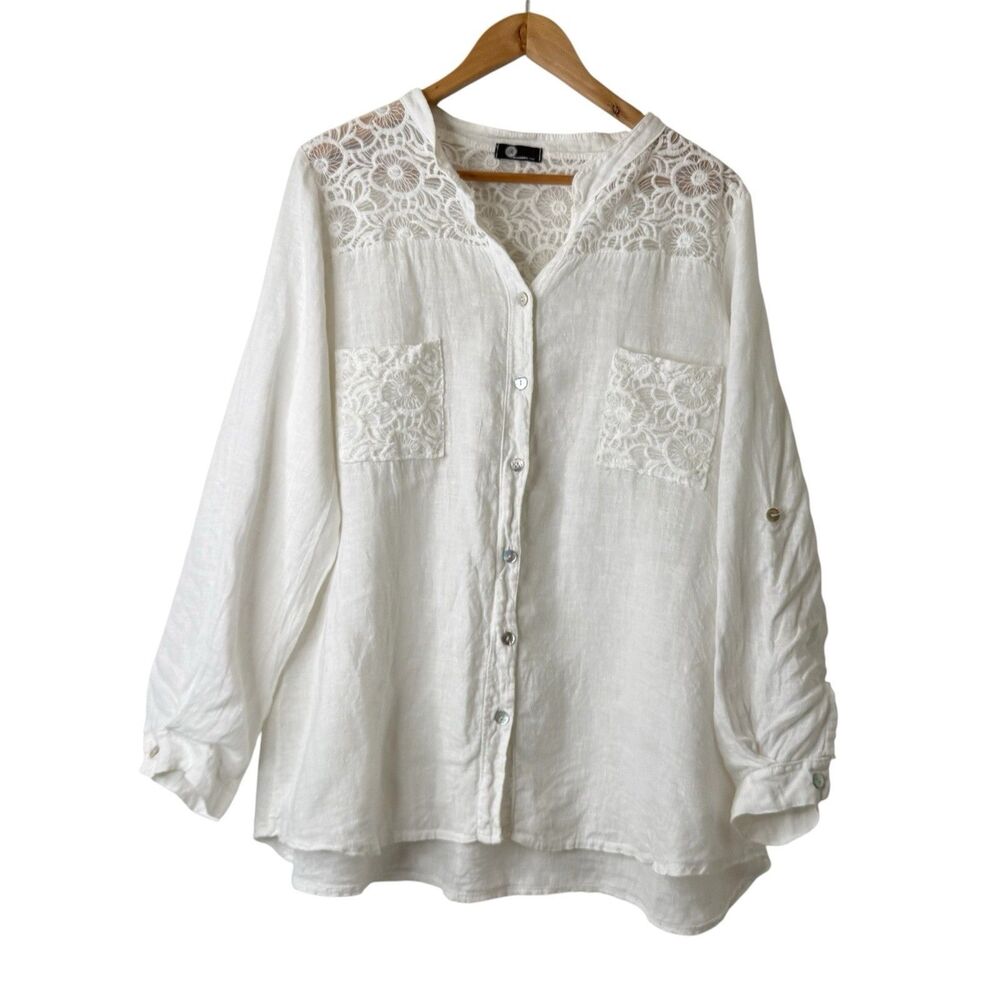 M Made In Italy 100% Linen Button Up Tunic L Rolled Tab Sleeve Crochet Coastal